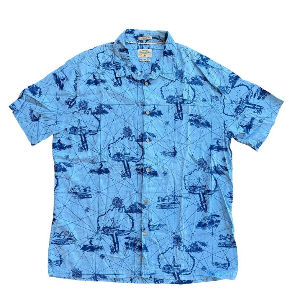 Quiksilver Waterman Collection Mens XXL Blue Nautical Map Surf Button Down Shirt